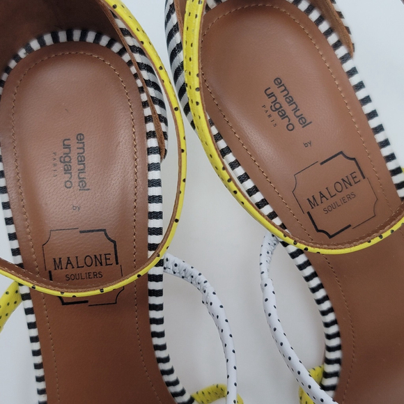 By Malone Souliers Strappy Yellow White Polka Dots Ankle Strap Heels Size EU 38 - Picture 5 of 14